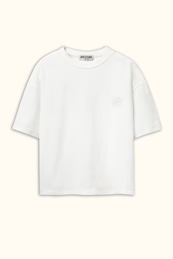 White Boxy Ribbed Basic T-Shirt