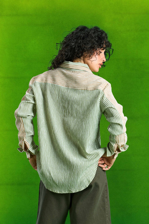 Dark Green Double Collar Striped Shirt