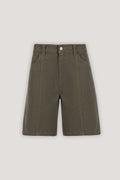 A pair of olive green shorts with front pleats, side pockets, and a button closure, displayed flat against a light gray background.