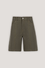A pair of olive green shorts with front pleats, side pockets, and a button closure, displayed flat against a light gray background.