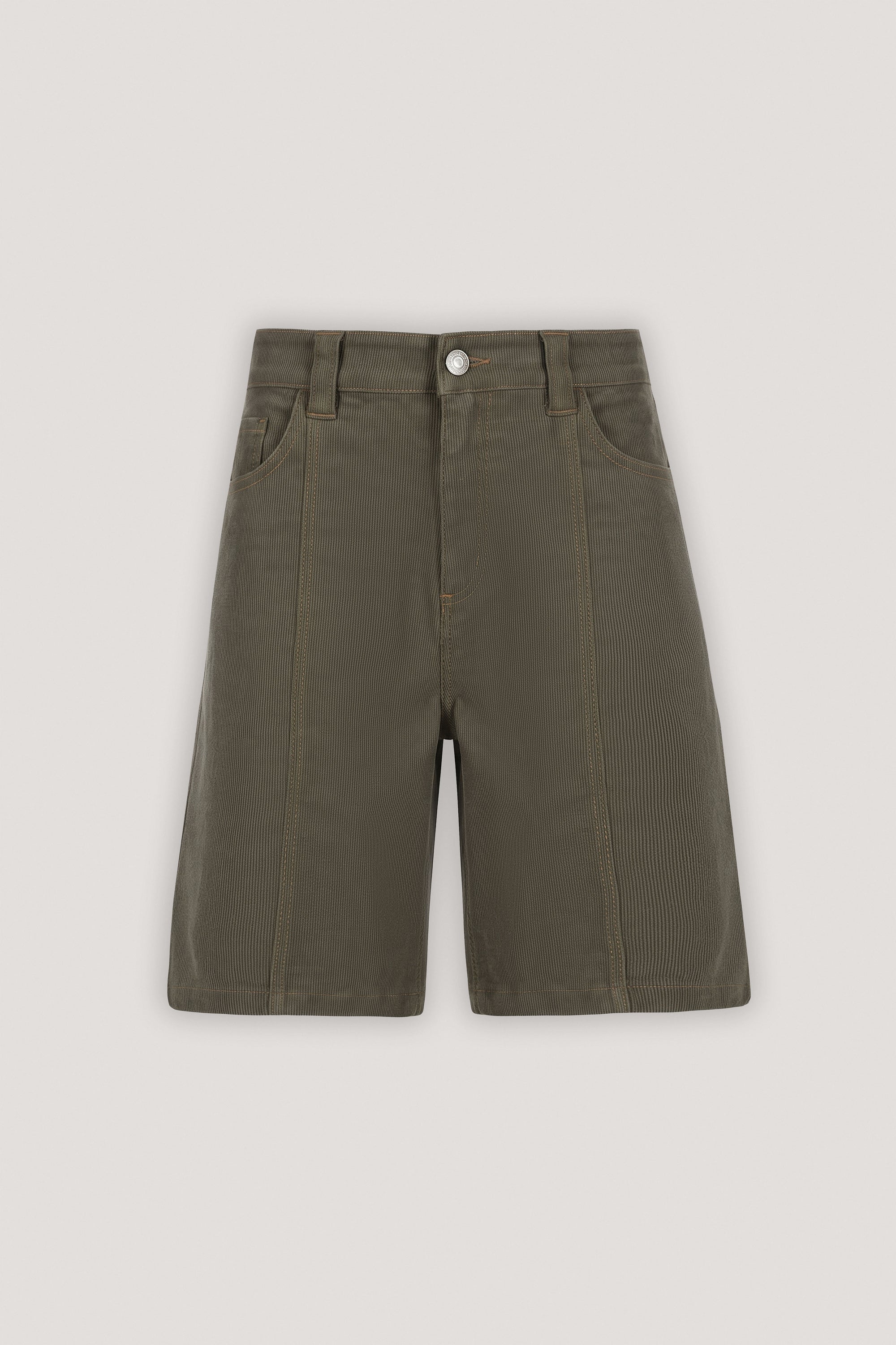 A pair of olive green shorts with front pleats, side pockets, and a button closure, displayed flat against a light gray background.