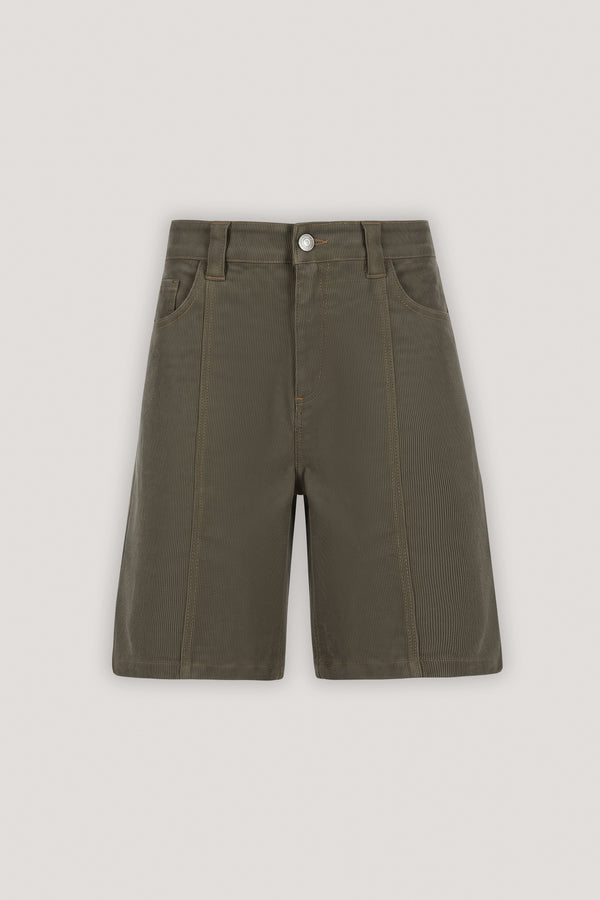 A pair of olive green shorts with front pleats, side pockets, and a button closure, displayed flat against a light gray background.