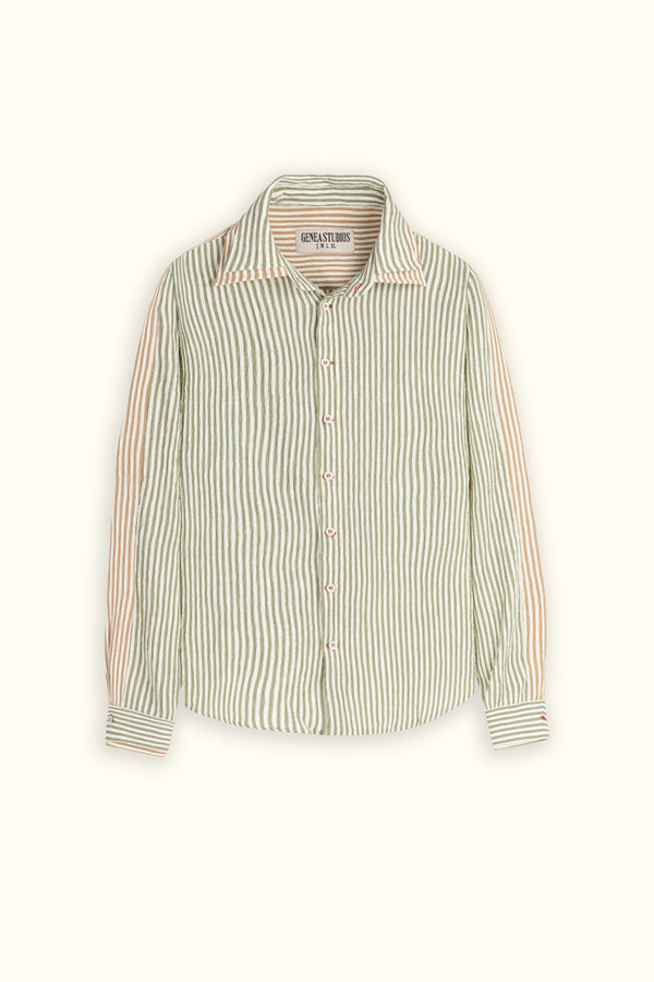 Dark Green Double Collar Striped Shirt