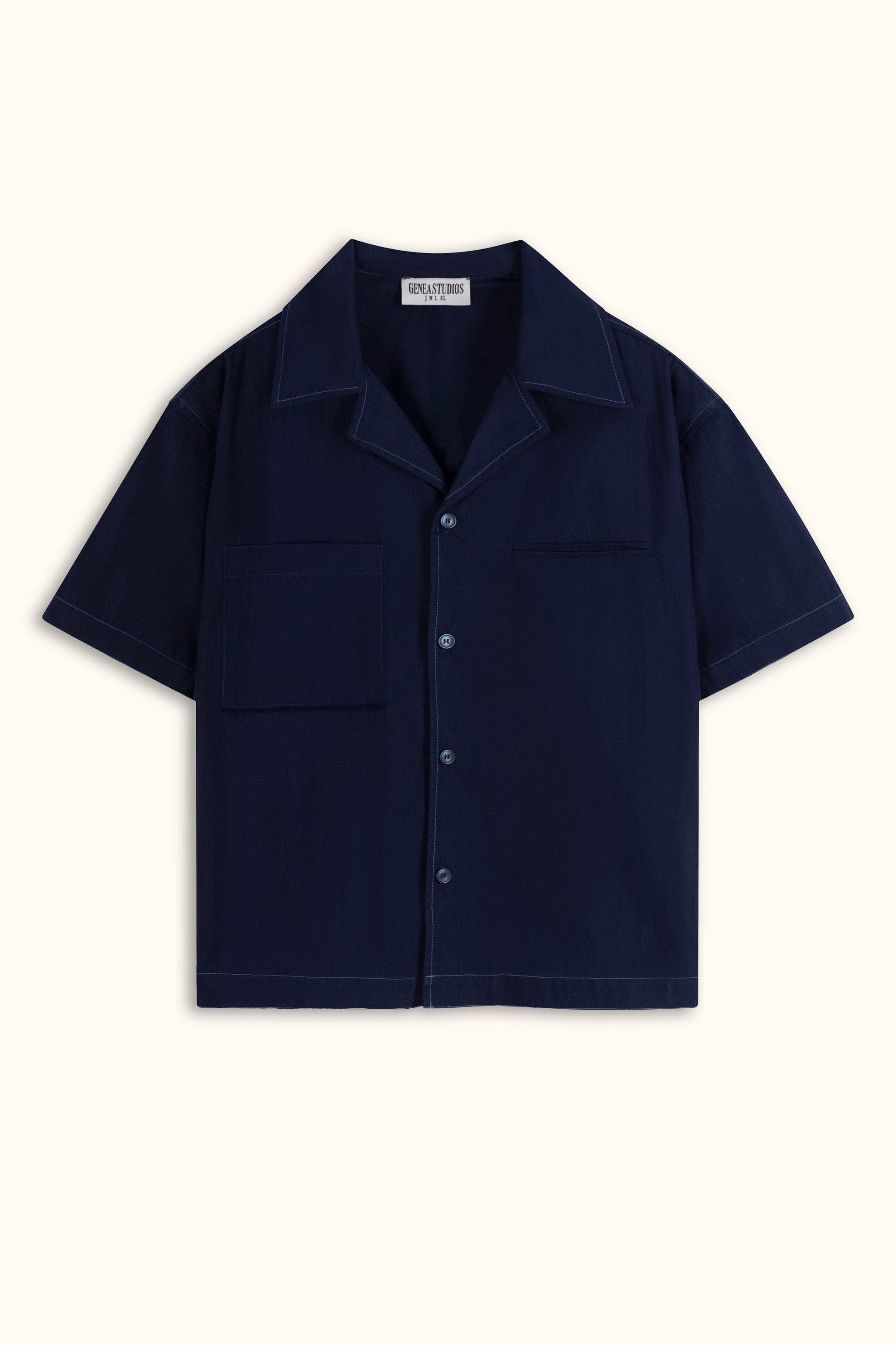Navy Blue Short-Sleeve Contrast-Stitch Boxy Shirt