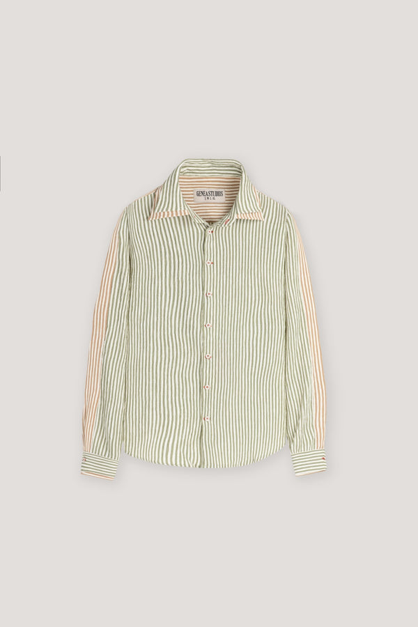 Dark Green Double Collar Striped Shirt